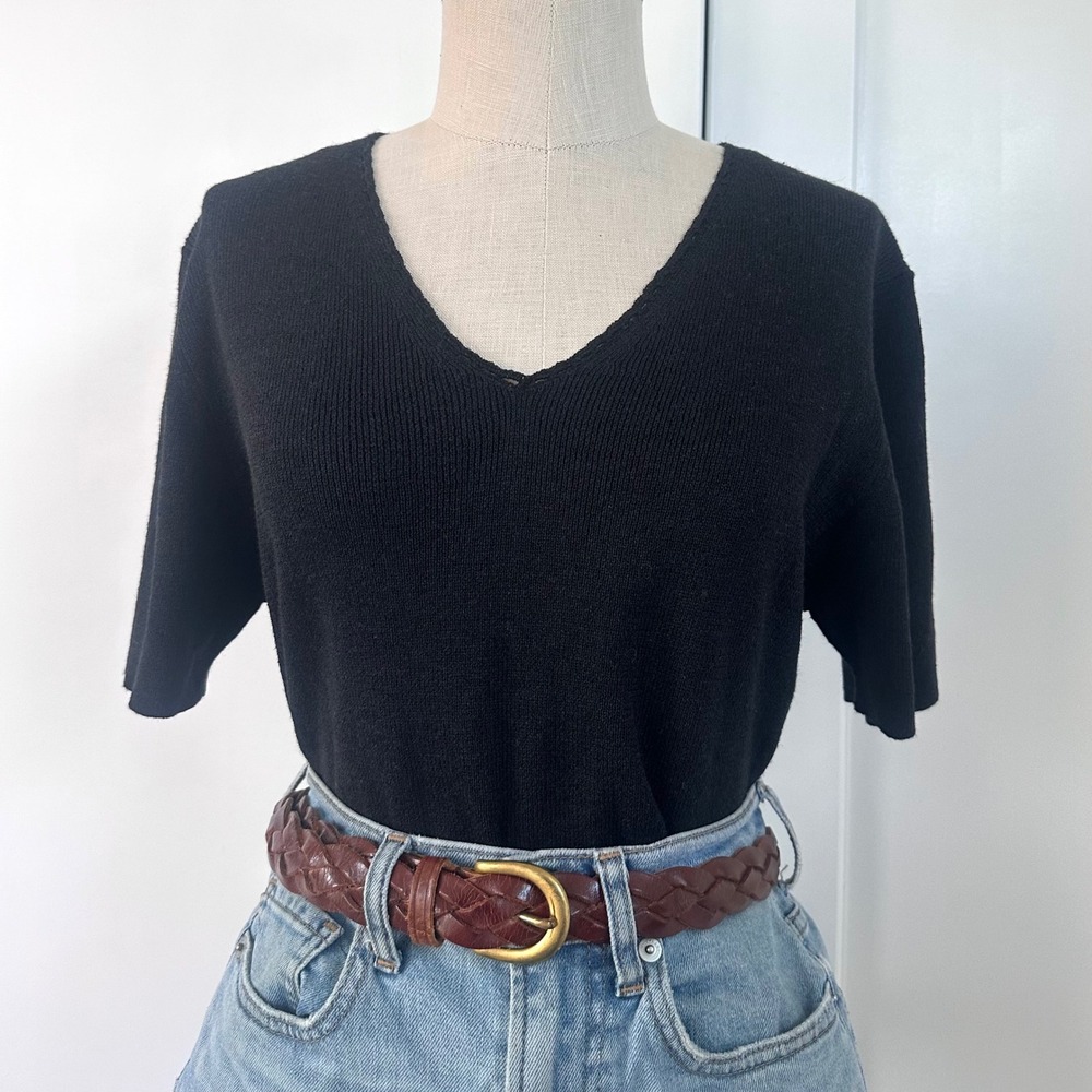 Sag Harbor NWT Vintage Black V-Neck Short Sleeve Ramie Blend Knit Sweater M